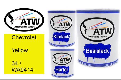 Chevrolet, Yellow, 34 / WA9414: 1L Lackdose + 1L Klarlack + 500ml Härter - Set, von ATW Autoteile West.